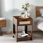 ONIJA Wooden Bedside Table with Drawer, Cane Design, Brown, Modern Storage Nightstand | Boston Solid Wood Bedside Table with Rattan Drawers Mid Century Night Stand for Living Room, Bedroom